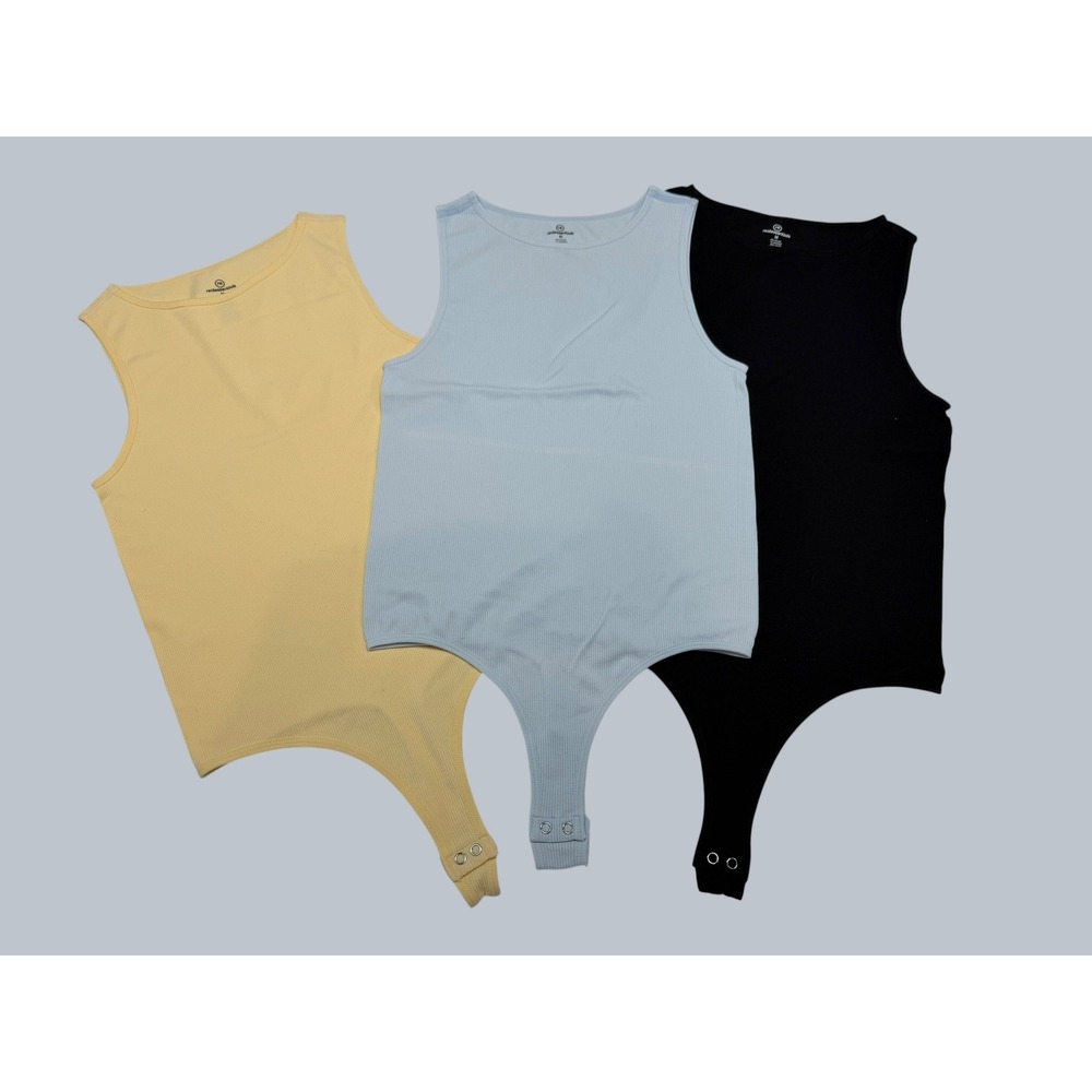 Real Essentials Womens 3 Pack Ribbed S Bodysuits Medium Yellow Blue‎ Black NWOT